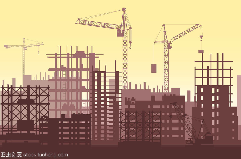 房屋建筑施工過程中。城市建筑工地起重機與摩天大樓