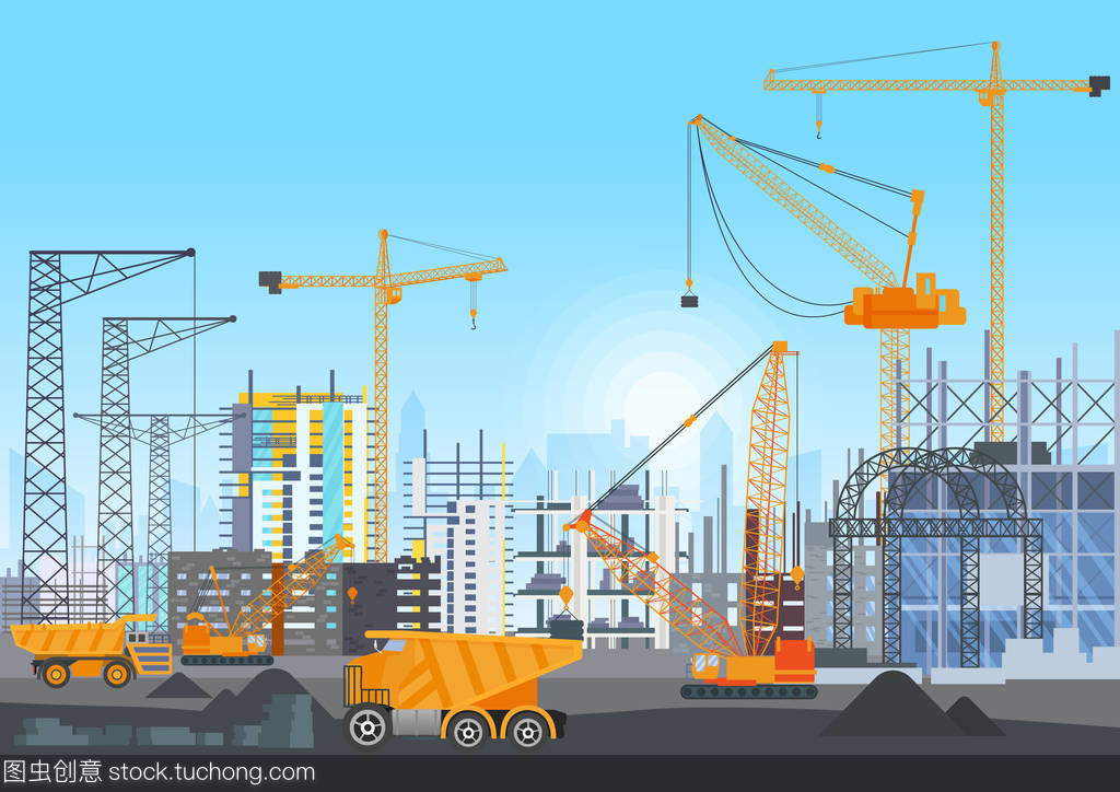 城市天際線建筑物建設(shè)施工用塔式起重機(jī)。房屋和建筑機(jī)械的建設(shè)工作進(jìn)程。矢量圖